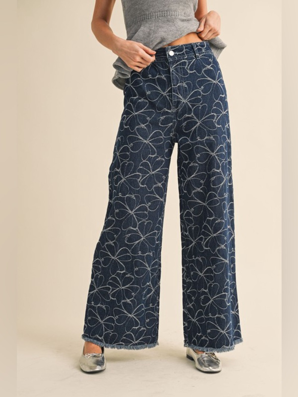 Women’s Wide-Leg Floral Stitch Denim Pants - Navy